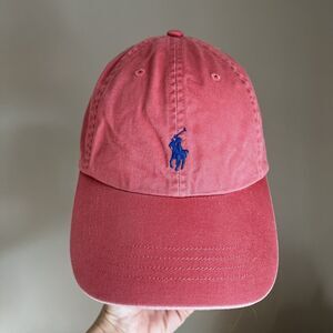 90s Y2K Polo Ralph Lauren Pink Hat Dad Cap Adjustable Strap Blue Pony Crest Logo